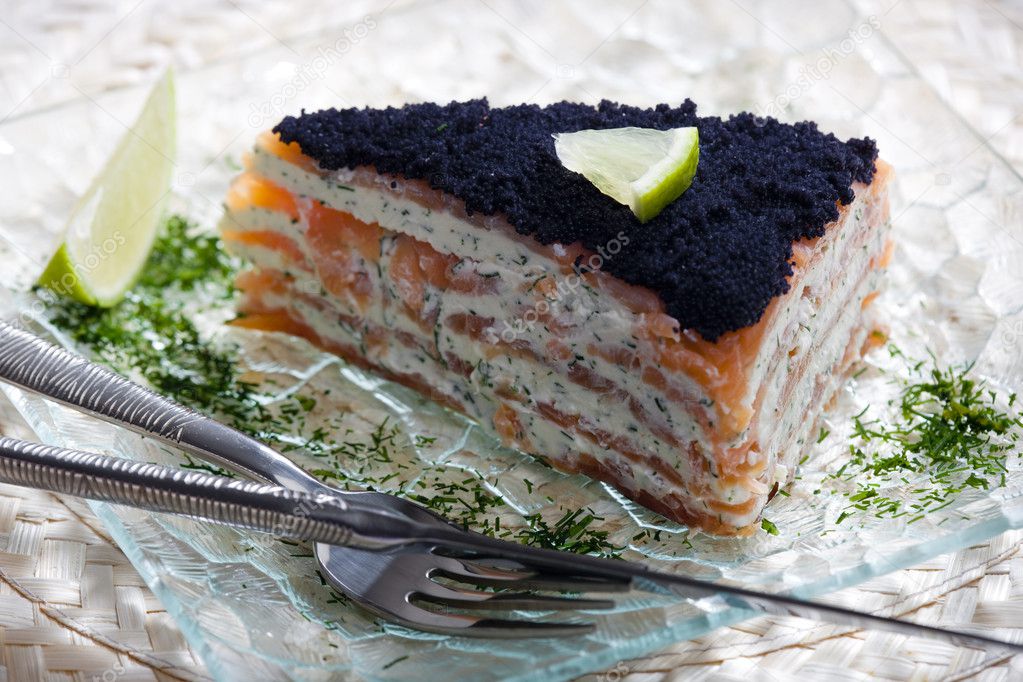 Cake of smoked salmon with caviar