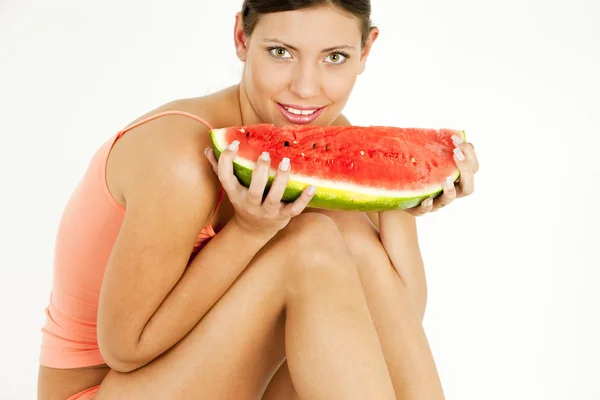 Portret van vrouw met water meloen — Stockfoto
