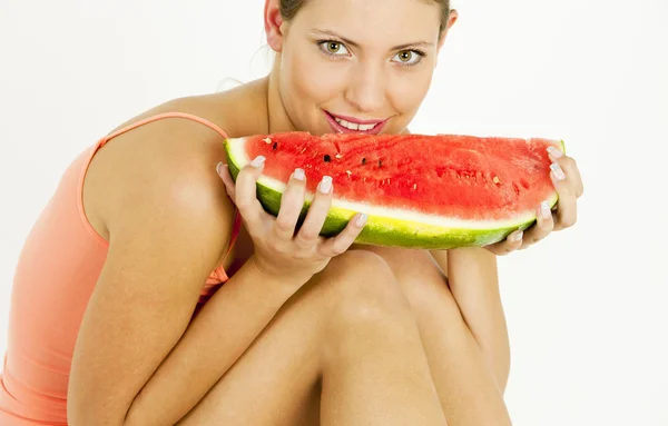 Portret van vrouw met water meloen — Stockfoto