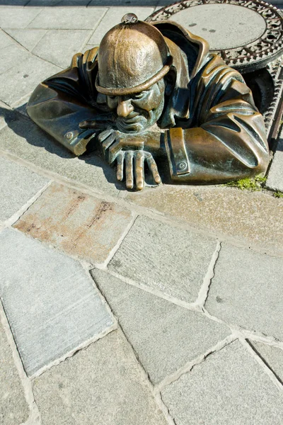 stock image Bronze sculpture called man at work, Bratislava, Slovakia