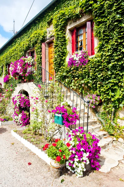 Haus mit Blumen, Burgund, Frankreich — Stockfoto
