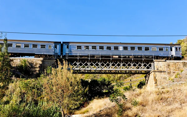 Träna på järnvägsviadukten i douro-dalen, portugal — Stockfoto