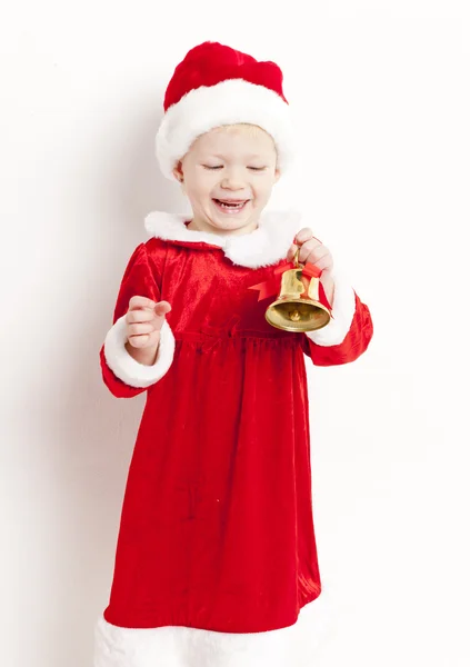Κοριτσάκι ως Άγιος Βασίλης με ένα κουδούνι — Φωτογραφία Αρχείου
