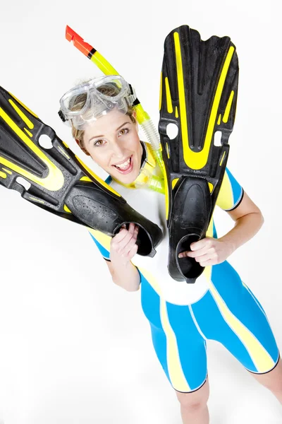 Portrait of woman wearing neoprene with flippers and diving gogg — Stock Photo, Image