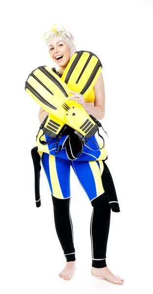 Standing young woman wearing neoprene with snorkeling equipment — Stock Photo, Image
