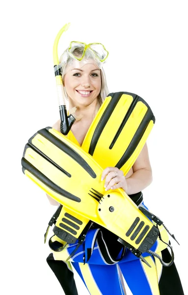 Portrait of young woman wearing neoprene with snorkeling equipme — Stock Photo, Image