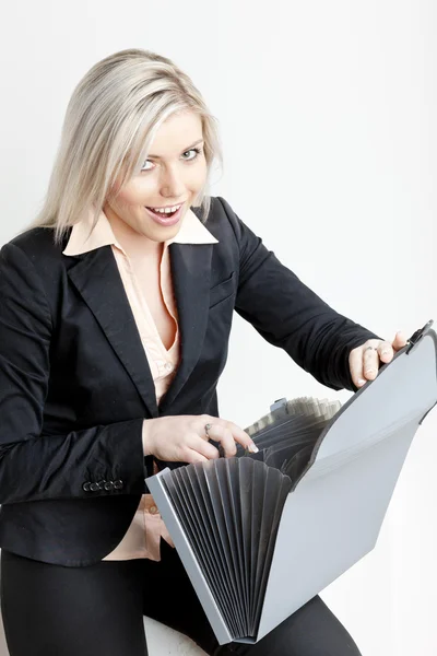 stock image Portrait of young businesswoman with folders