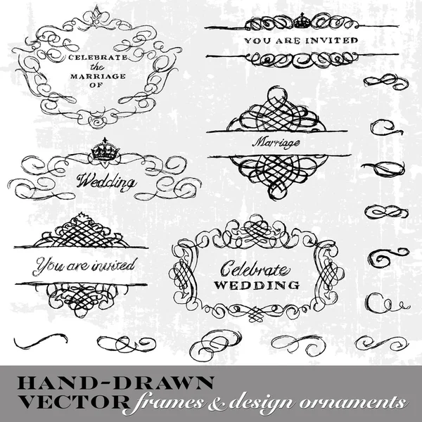 Vettoriale disegnato a mano telaio e ornamento Set . — Vettoriale Stock