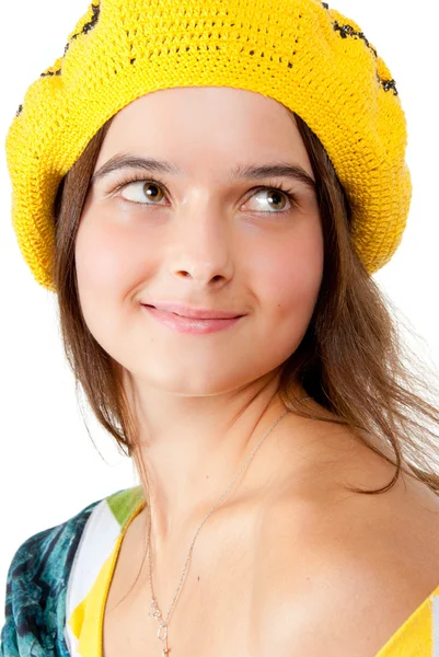 Portrait of a girl wearing yellow beret. — Stock Photo, Image