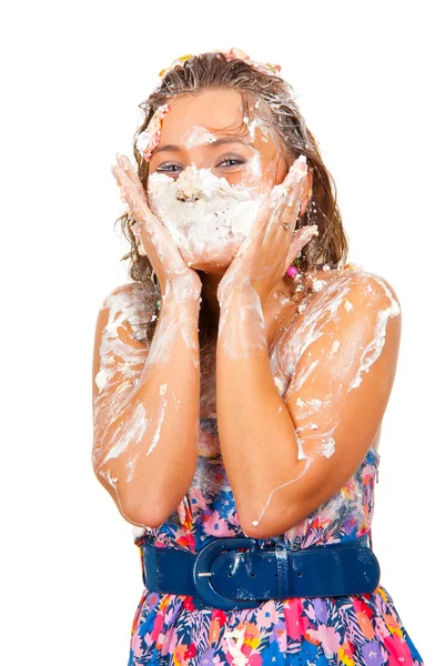The girl had just eaten a cake with his hands — Stock Photo, Image