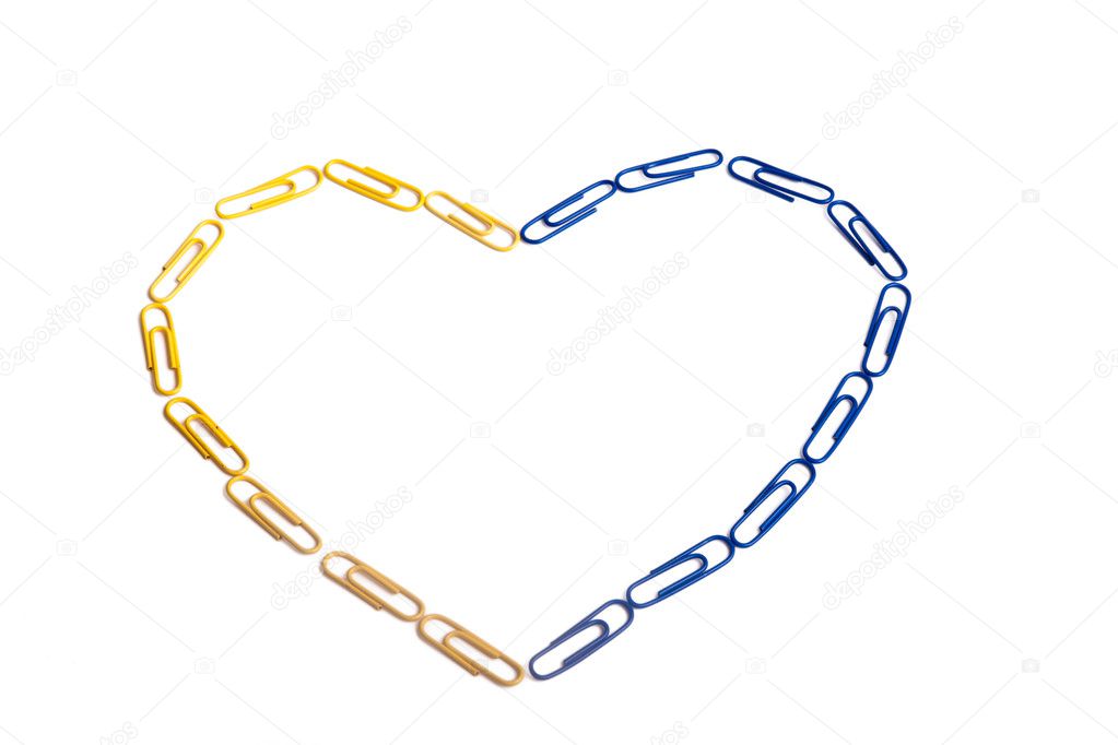 Heart made of Ukrainian flag colors paper clips