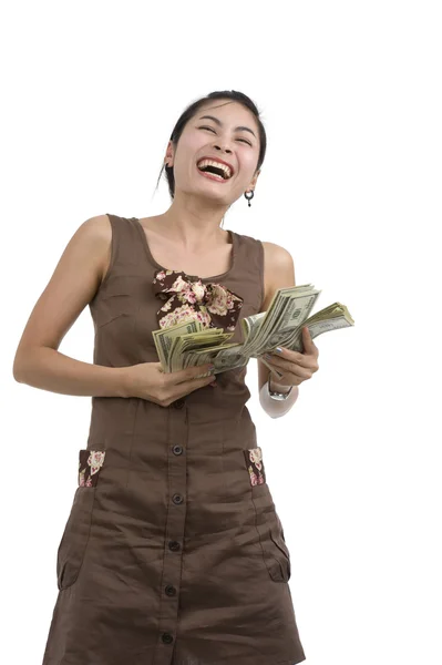 Ładna kobieta szczęśliwa z dużą ilością pieniędzy — Zdjęcie stockowe