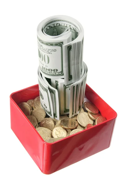 Dollar Notes and Coins in Box — Stock Photo, Image