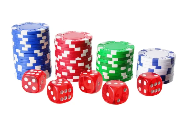 Poker žetony a kostky — Stock fotografie
