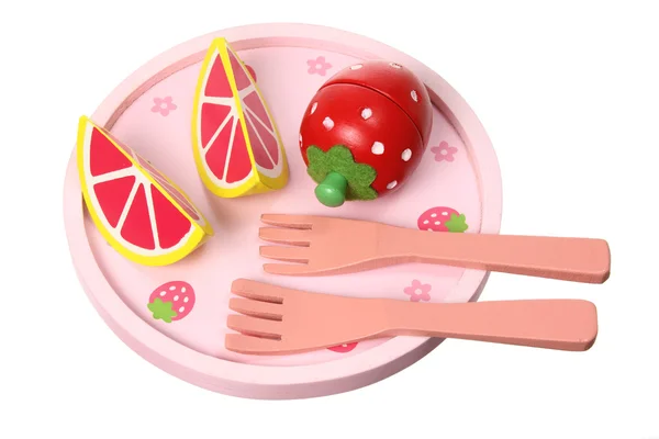 Wooden Toy Tableware and Fruits — Stock Photo, Image