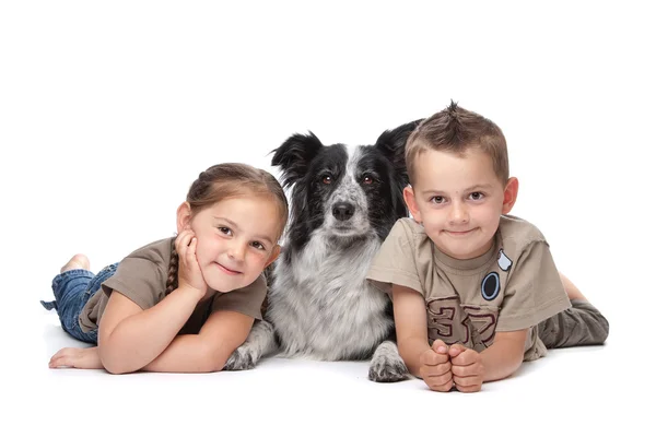 Двое детей и собака — стоковое фото