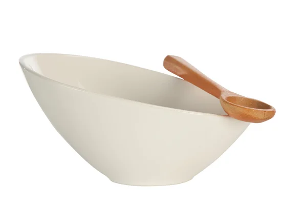 White bowl and wood spoon — Stock Photo, Image