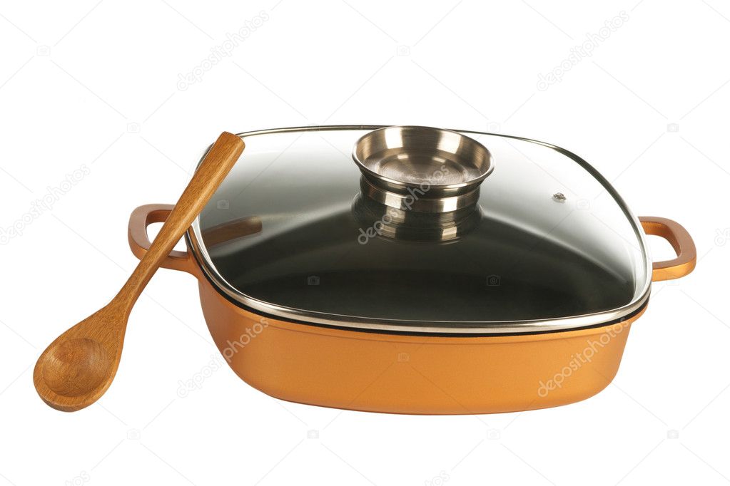 Cookware, nonstick pan and wooden spoon