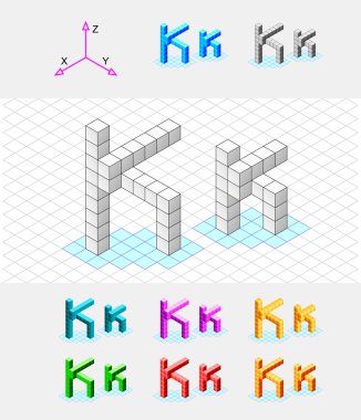 Isometric font from the cubes.Letter K. Vector clipart