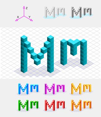 Isometric font from the cubes.Letter M. Vector clipart