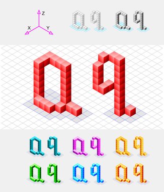 Isometric font from the cubes.Letter Q. Vector clipart