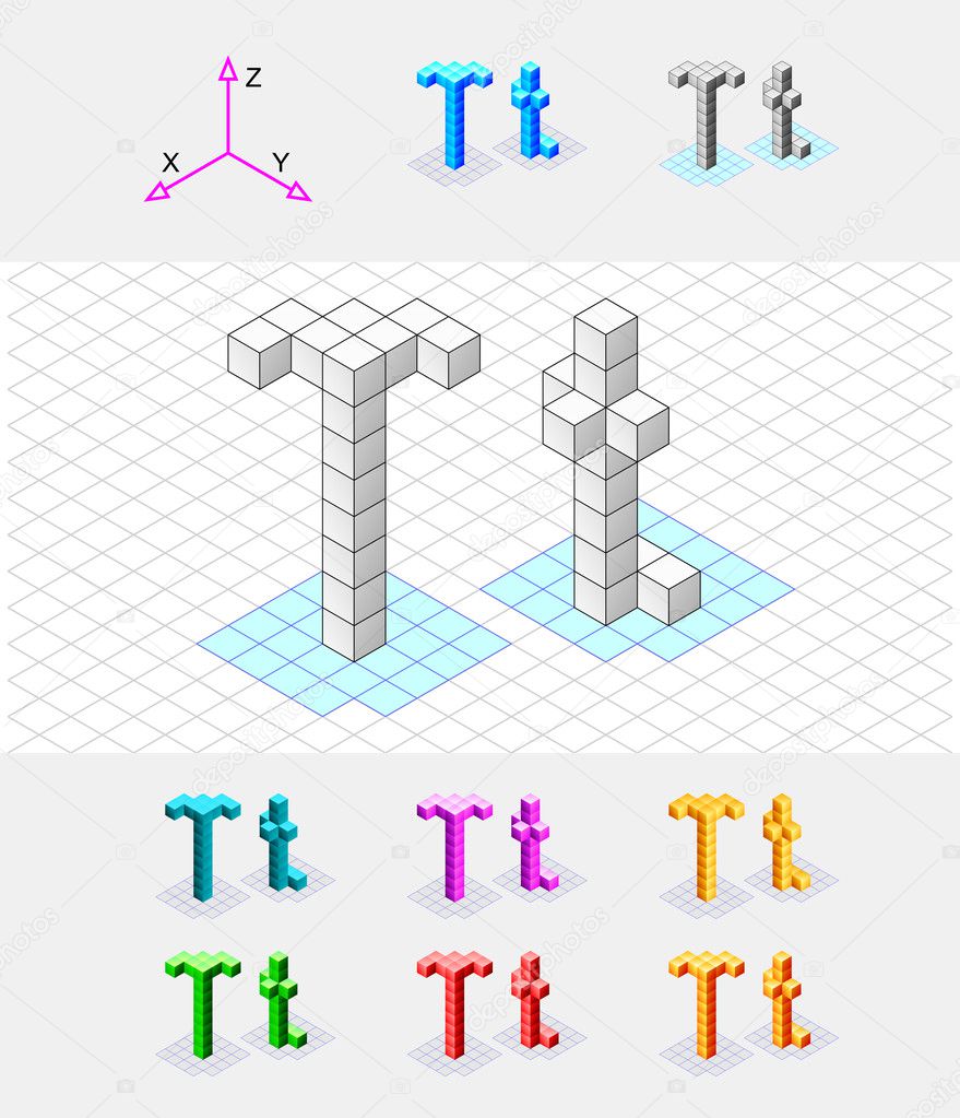 Isometric font from the cubes.Letter T. Vector