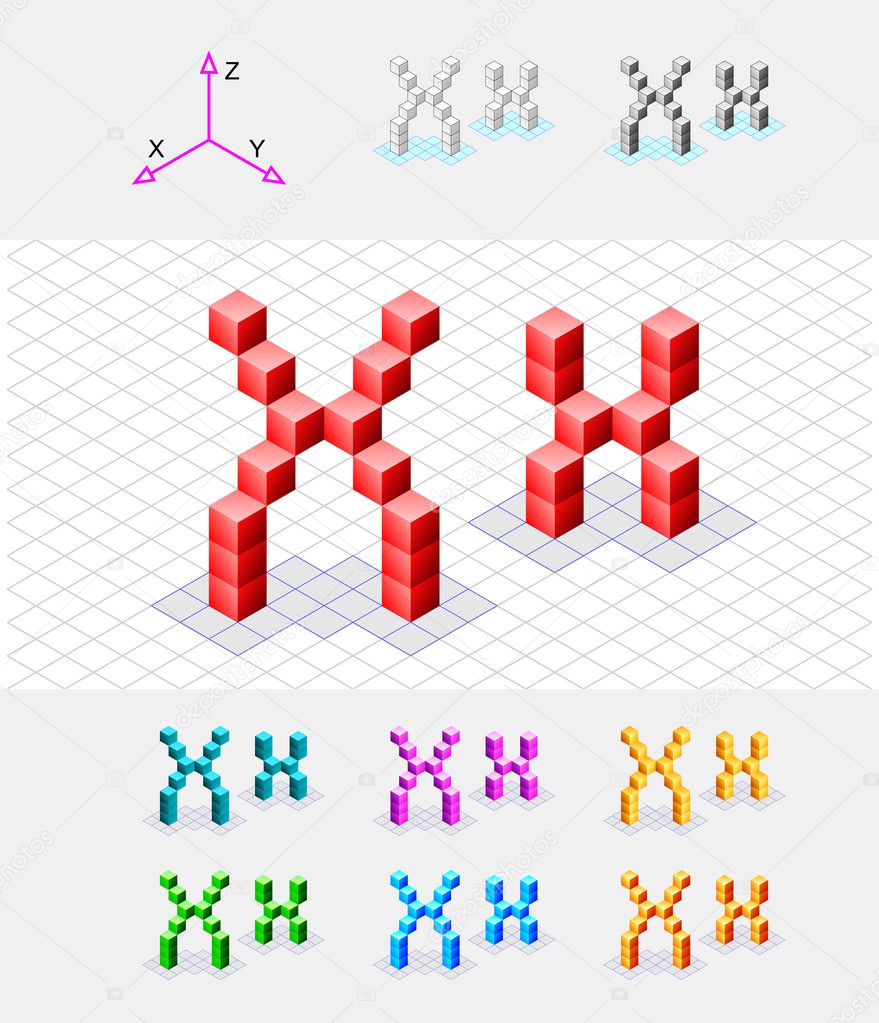 Isometric font from the cubes.Letter X. Vector