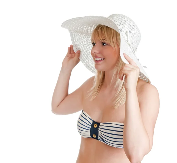 Mulher com biquíni e chapéu de sol — Fotografia de Stock