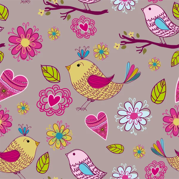 Texture sans couture avec fleurs et oiseaux — Image vectorielle