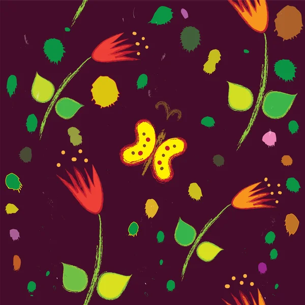 Naadloze floral patroon met tulpen en vlinder — Stockvector