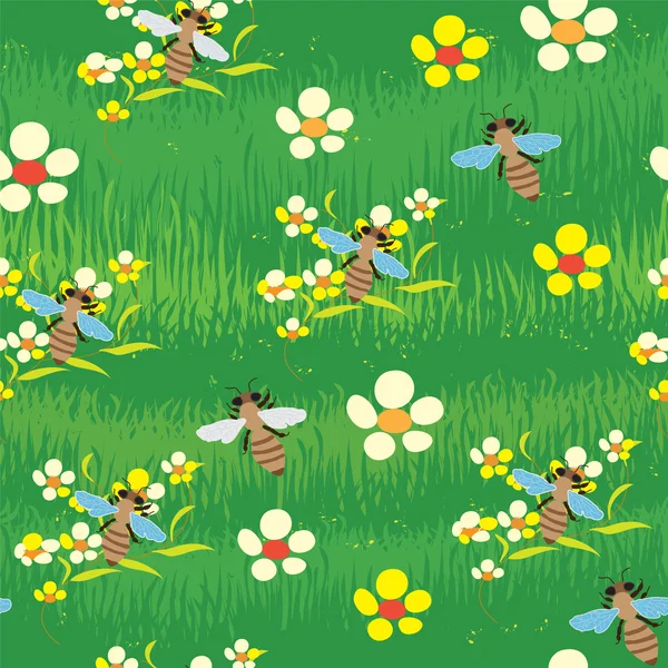 Composizione astratta senza soluzione di continuità con erba, fiori e api — Vettoriale Stock