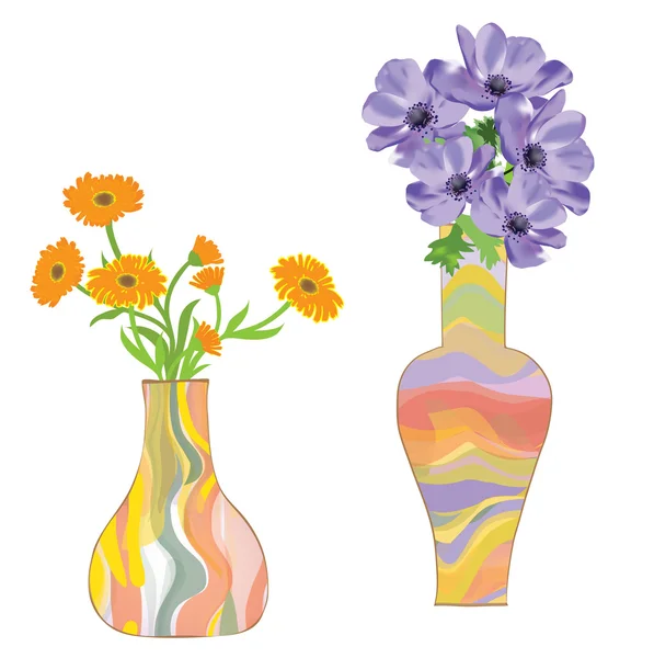 两个多彩陶瓷花瓶与花 — 图库矢量图片