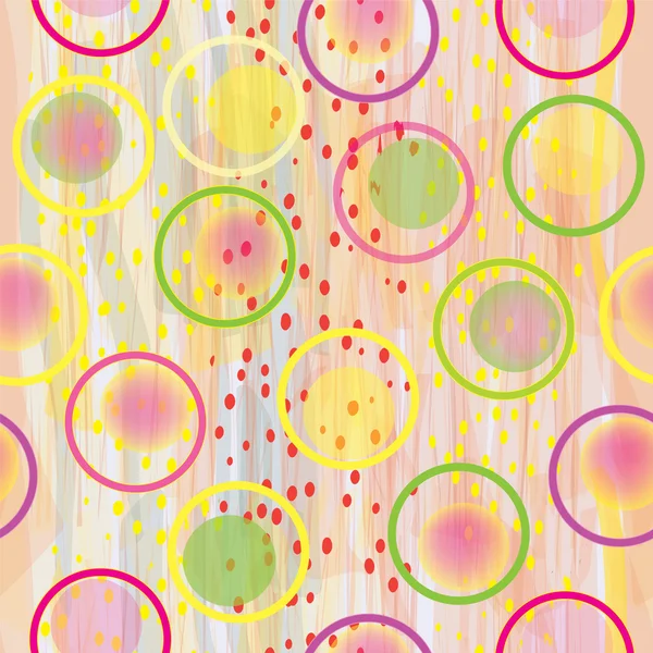 Composición colorida sin costuras vectorial con círculos, gotas y manchas en el fondo de acuarela — Archivo Imágenes Vectoriales
