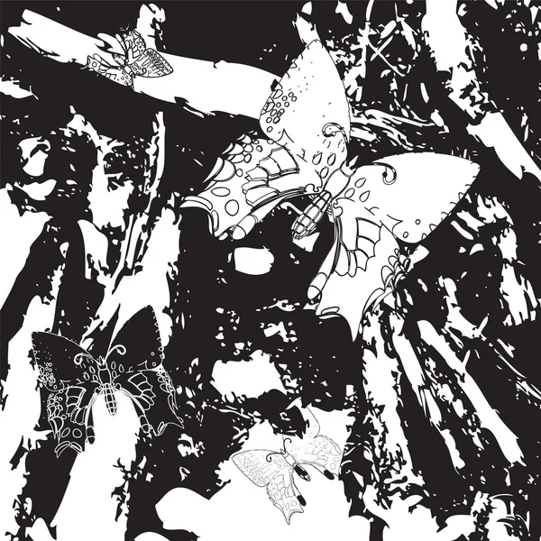 Vektorové grunge pozadí s motýly a skvrny v barvách černo bílá — Stockový vektor