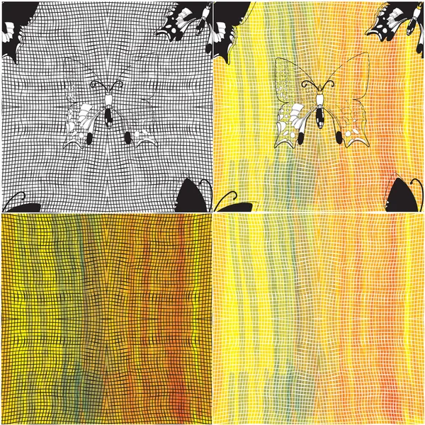 Vektor-Kopositionen mit schwarzen und weißen Gittern und Schmetterlingen auf buntem Aquarell-Hintergrund — Stockvektor