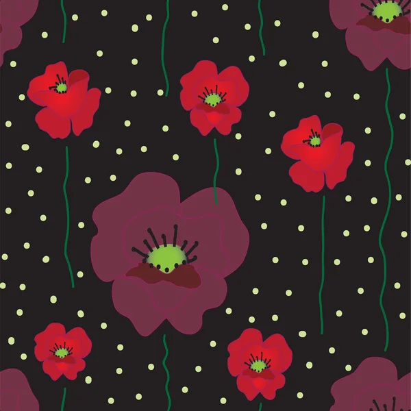 矢量无缝模式与黑色背景上的红色和紫色罂粟 — 图库矢量图片