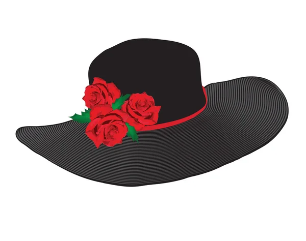 Sombrero negro de señora con rosas rojas aisladas sobre fondo blanco — Archivo Imágenes Vectoriales