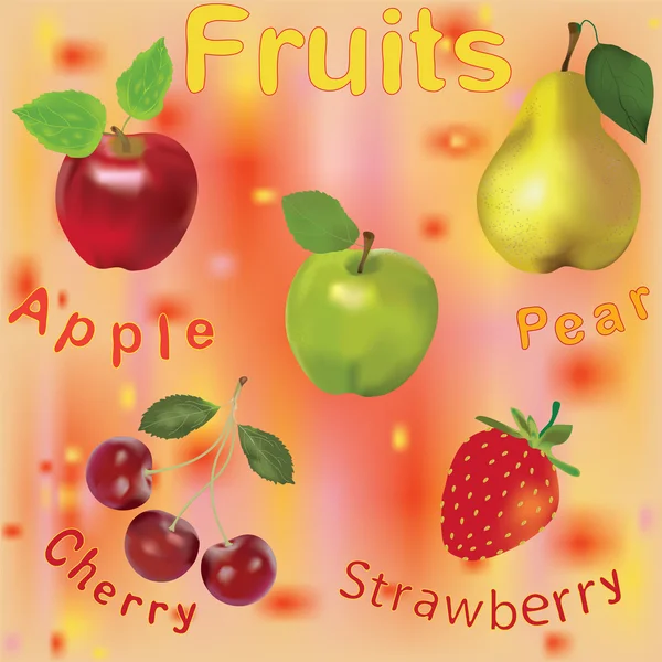 Composición perfecta con frutas y bayas sobre un fondo colorido — Vector de stock