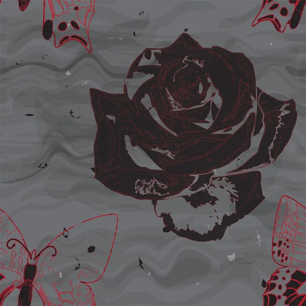 Безшовна композиція з гранжевою трояндою та метеликом на хвилястому сірому фоні — стоковий вектор