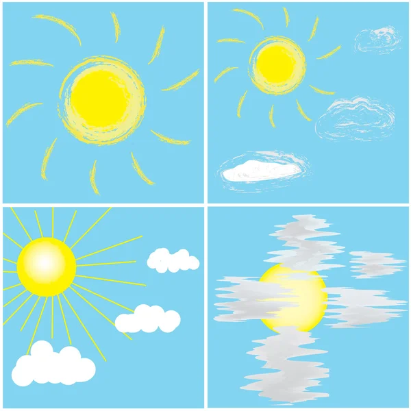 Векторний набір піктограм з сонцем і хмарами на блакитному небі — стоковий вектор