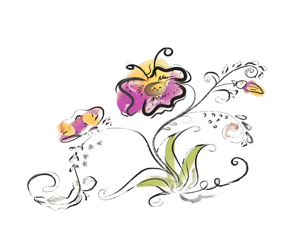 En blomma med en fjäril, ritning med en borste — Stock vektor
