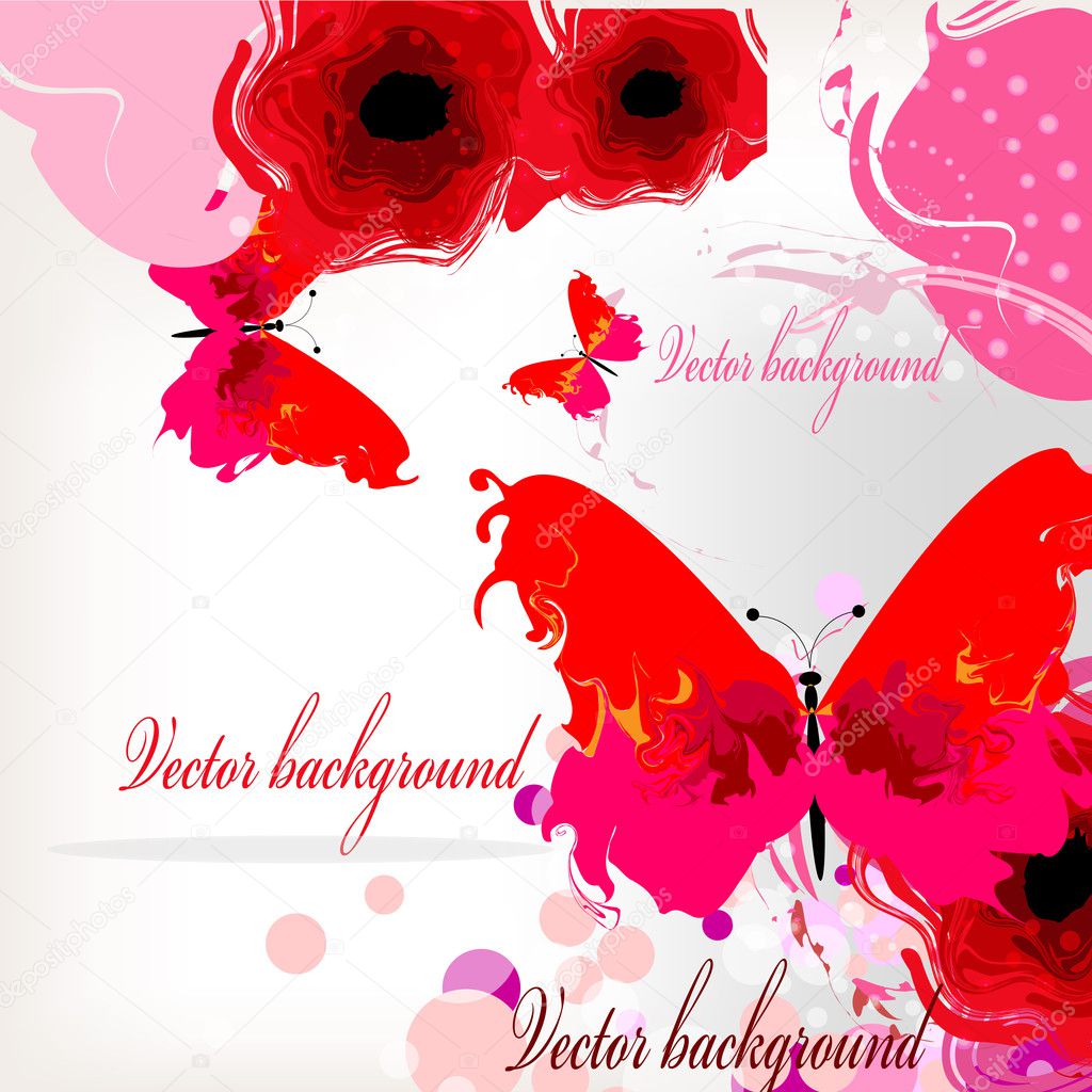 Bright background with red poppies and butterflies