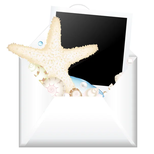 Enveloppe ouverte avec photo et étoile de mer — Image vectorielle