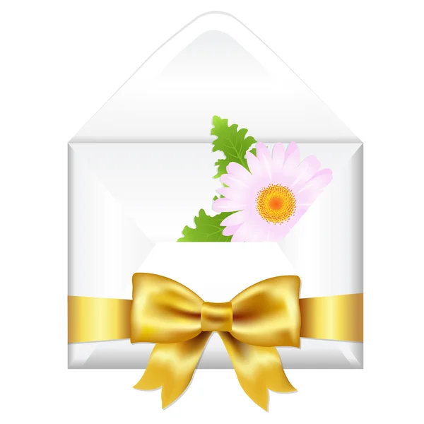 Offener Umschlag mit goldener Schleife und Blume — Stockvektor