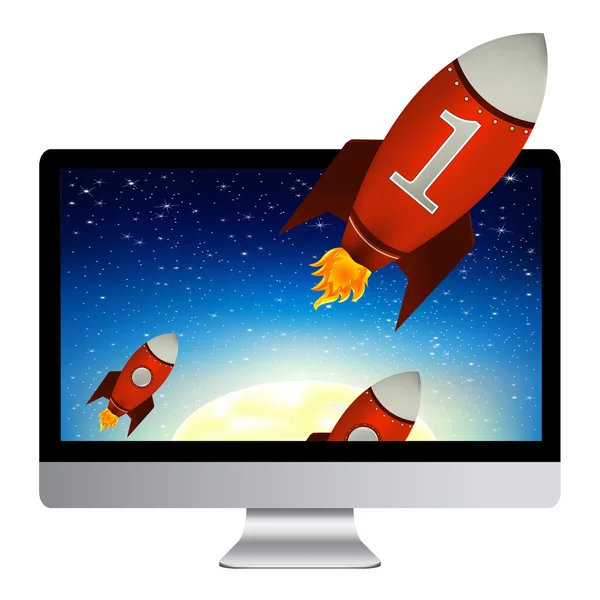 赤いロケットを持つコンピューター — ストックベクタ