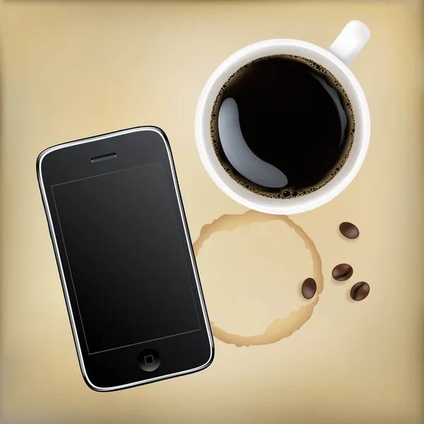 Мобільний телефон з чашкою кави — стоковий вектор