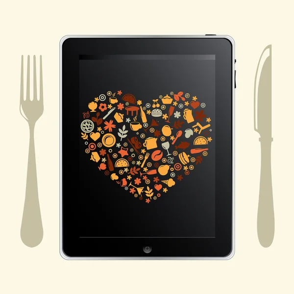 음식 아이콘으로 태블릿 컴퓨터 — 스톡 벡터