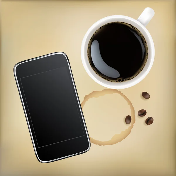 Kopje koffie met mobiele telefoon — Stockvector