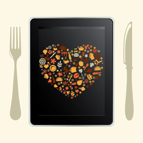 Tablet bilgisayar ve gıda simgeler — Stok Vektör