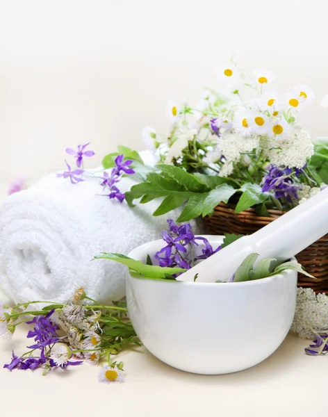 Herbal spa set met mortel en handdoek — Stockfoto